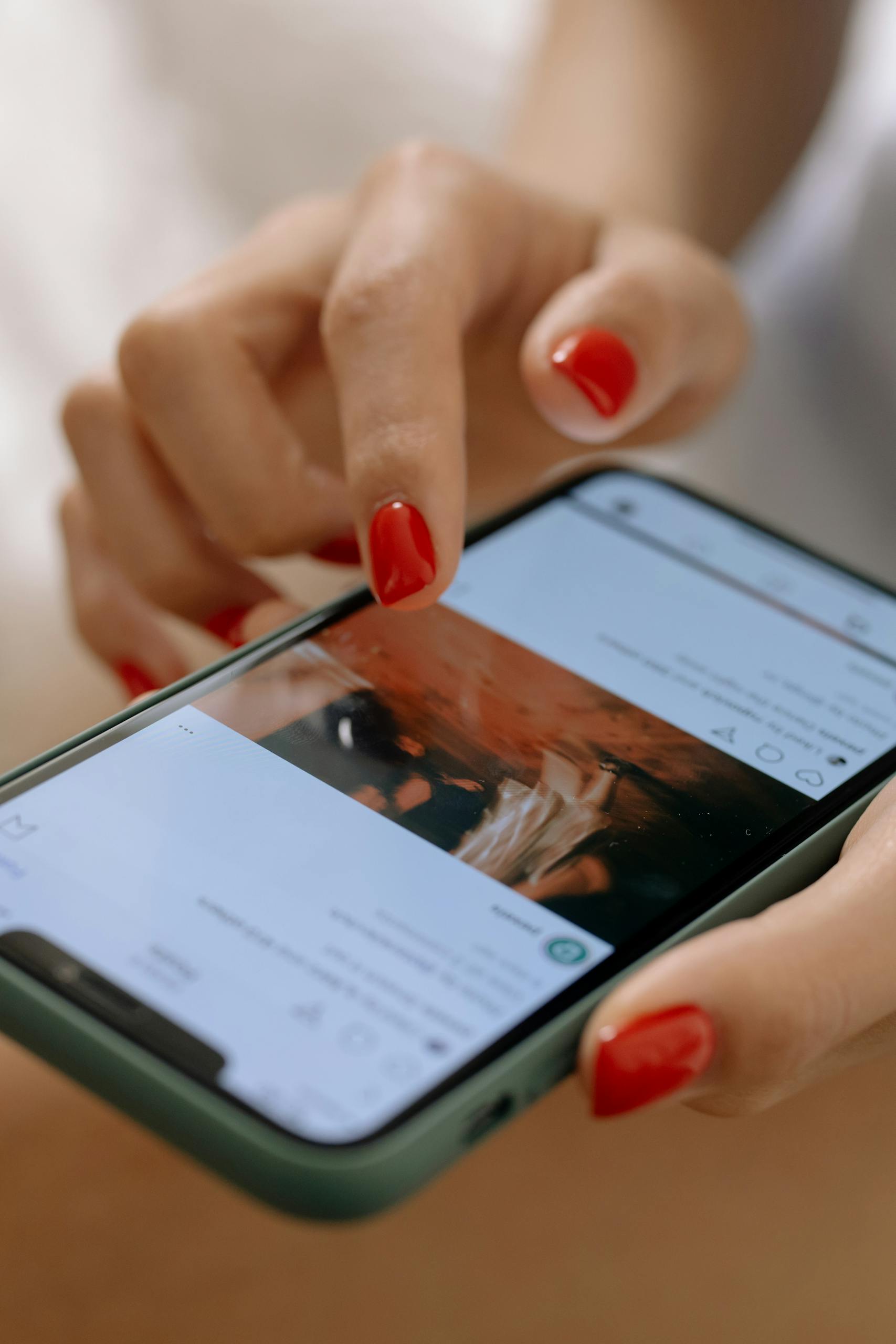 A woman with red nails using a smartphone, navigating a social media app.